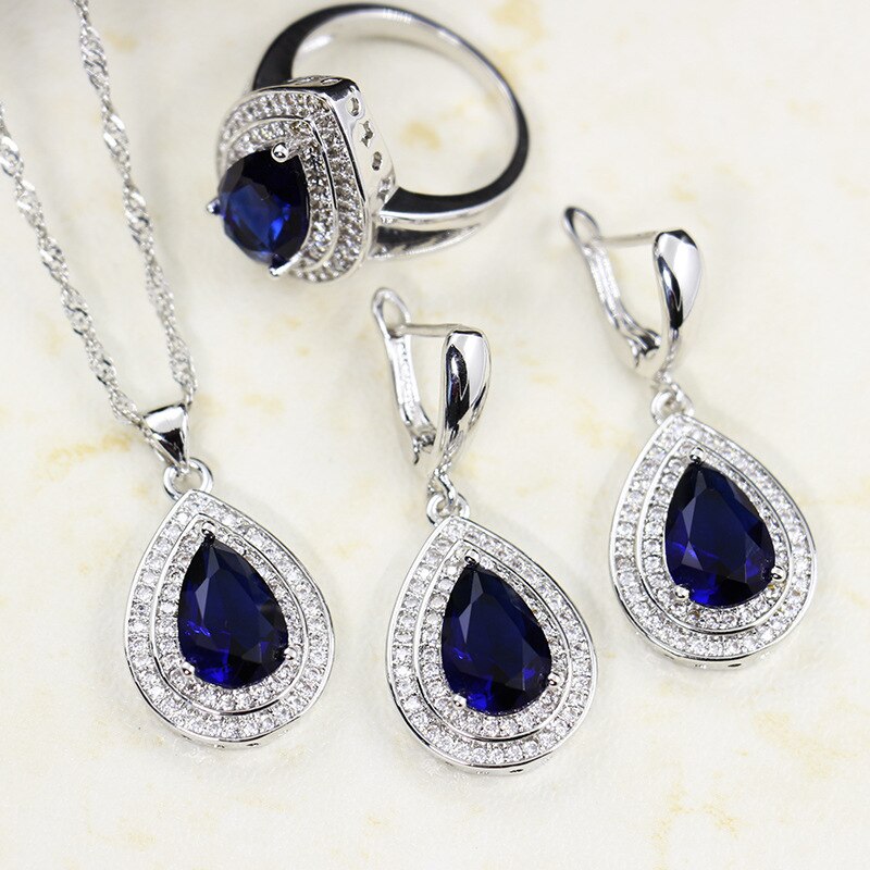 JoiasHome 925 Sterling Silber Schmuck Set Blue Sapphire Edelsteine Herz Geformt Tropfen Braut Zubehör 4 teile/los