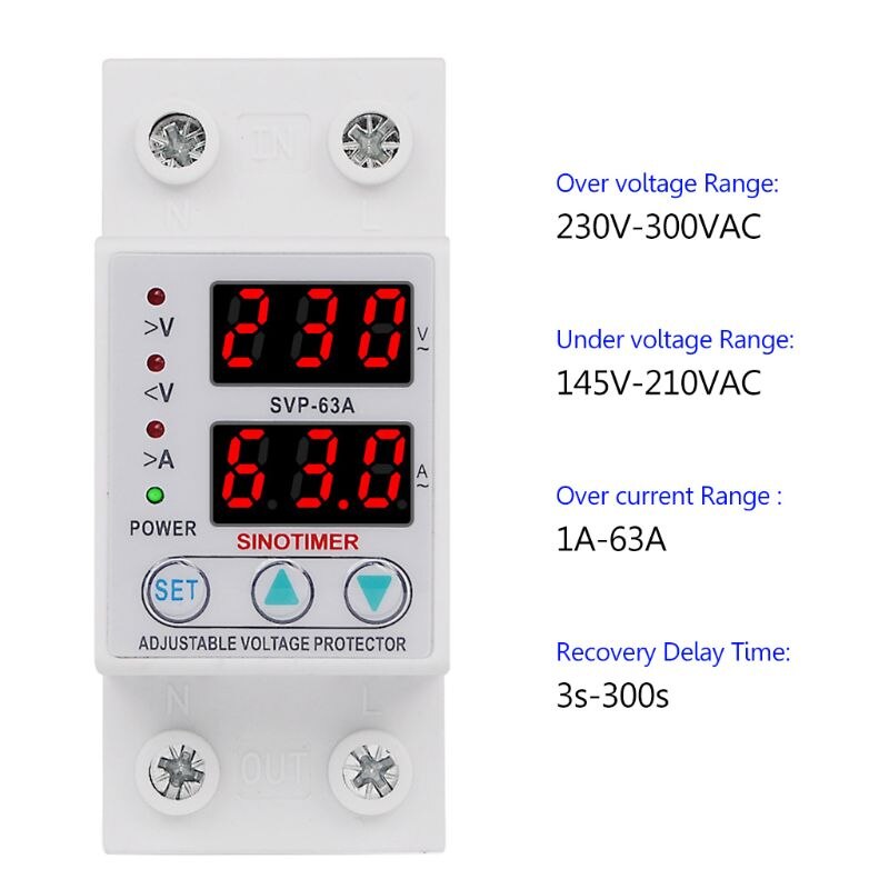 Din Rail Adjustable 63A 230V Single Phase Over Under Voltage Protective Protector Relay with Over Current Protection