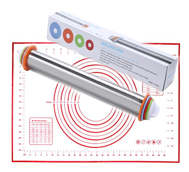 17inch Verstelbare Rvs Deegroller Met Deeg Mat Deeg Roller met 4 Verwijderbare Verstelbare Dikte Ringen