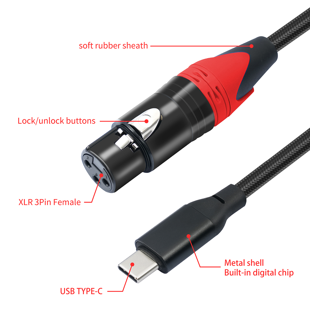 Câble de microphone USB C vers XLR femelle, Plug and Play, Audio Static, 1 m, 2 m, 3m
