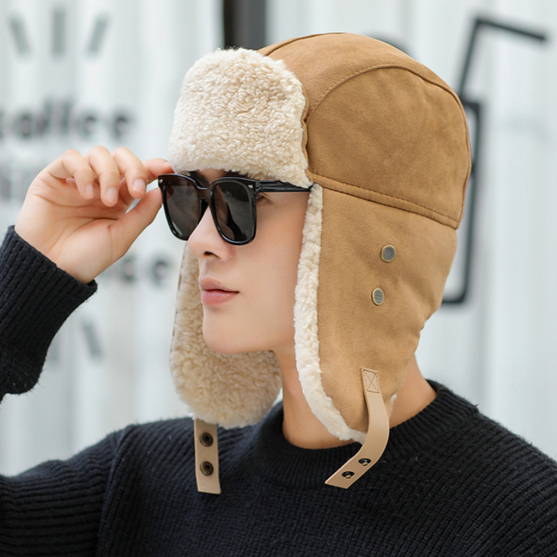 HT3998 Winter Hat Men Women Thick Warm Earflap Hat Male Windproof Ski Russian Cap Female Russian Hat Trapper Cap Bomber Hat: Camel