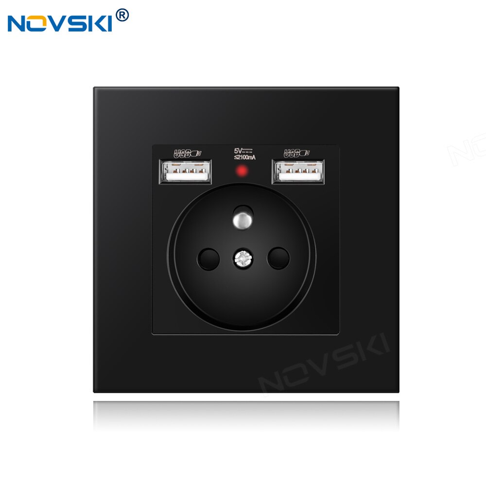NOVSKI French Power Socket, Electrical French Outlet, 2.1A Dual USB Charging Port with Soft LED Indicator, White, Black, Gold: Pc Panel Black