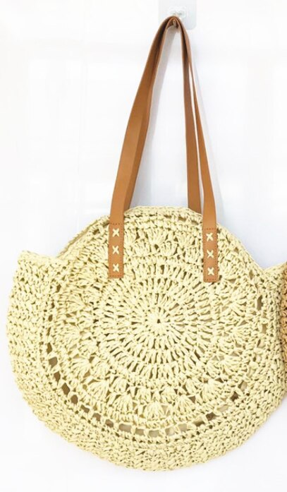 Bolso de mano tejido bohemio para mujer, bolso de playa de verano, bolso de paja, bolsos de hombro redondos de ratán: Beige