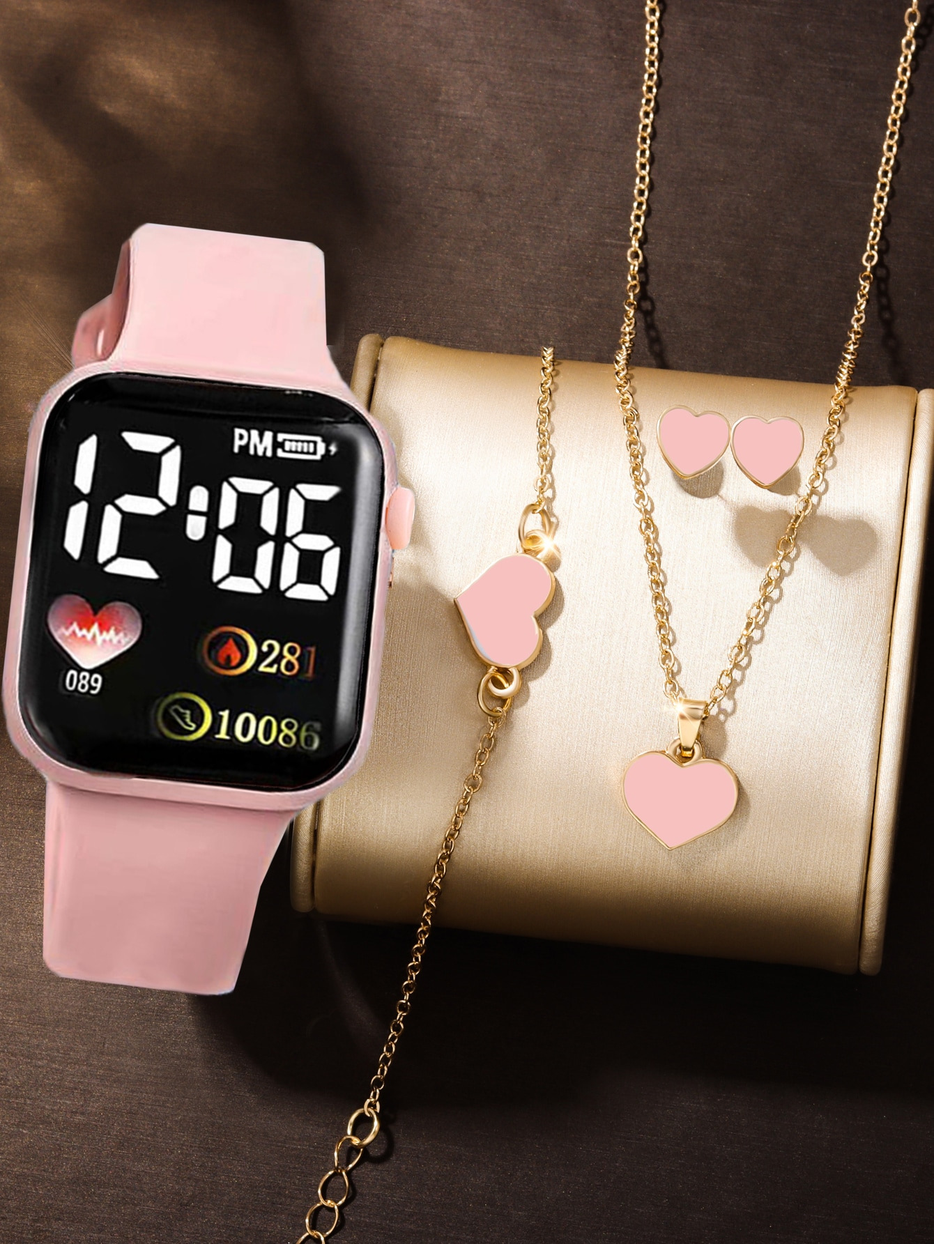 Reloj digital deportivo simple rectangular de silicona para mujer, color rosa, con corazón, collar completo de diamantes, de cumpleaños: Café