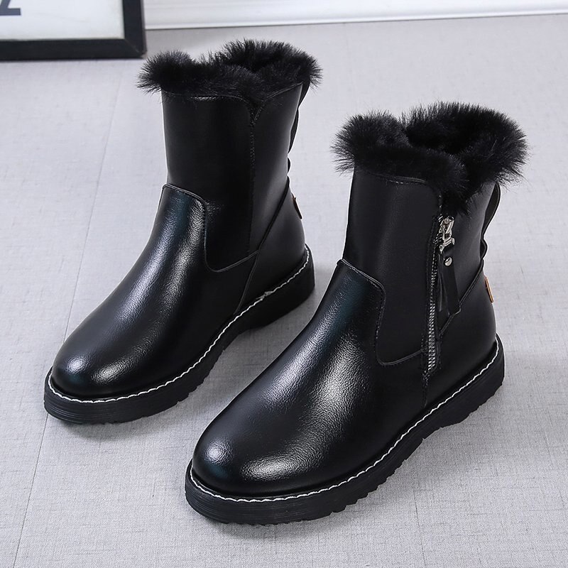 Femmes neige bottes fausse fourrure couture dames chaussures épais fond fermeture éclair Plus velours femme court hiver: Black / 5