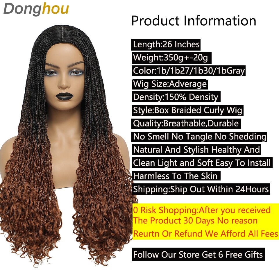 26 Pouces Tressé Perruques Longue Boîte Tresse Perruque Avec Ondulé Fin Perruque Tresse Africaine Natte Collée Faux Cuir Chevelu Résistant À La Chaleur Tresses Perruque