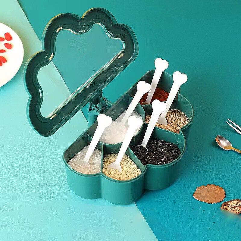 Seasoning Box Kitchen Household Compartment Jar Six-combination Spice Salt Jar Sugar Monosodium Glutamate with Spoon Storage Box