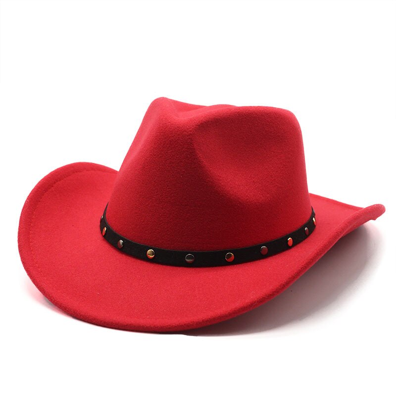 Wool Women Men Western Cowboy Hat Punk belt Gentleman Cowgirl Bowler Cap Jazz Church Cap Sombrero Hombre: Red