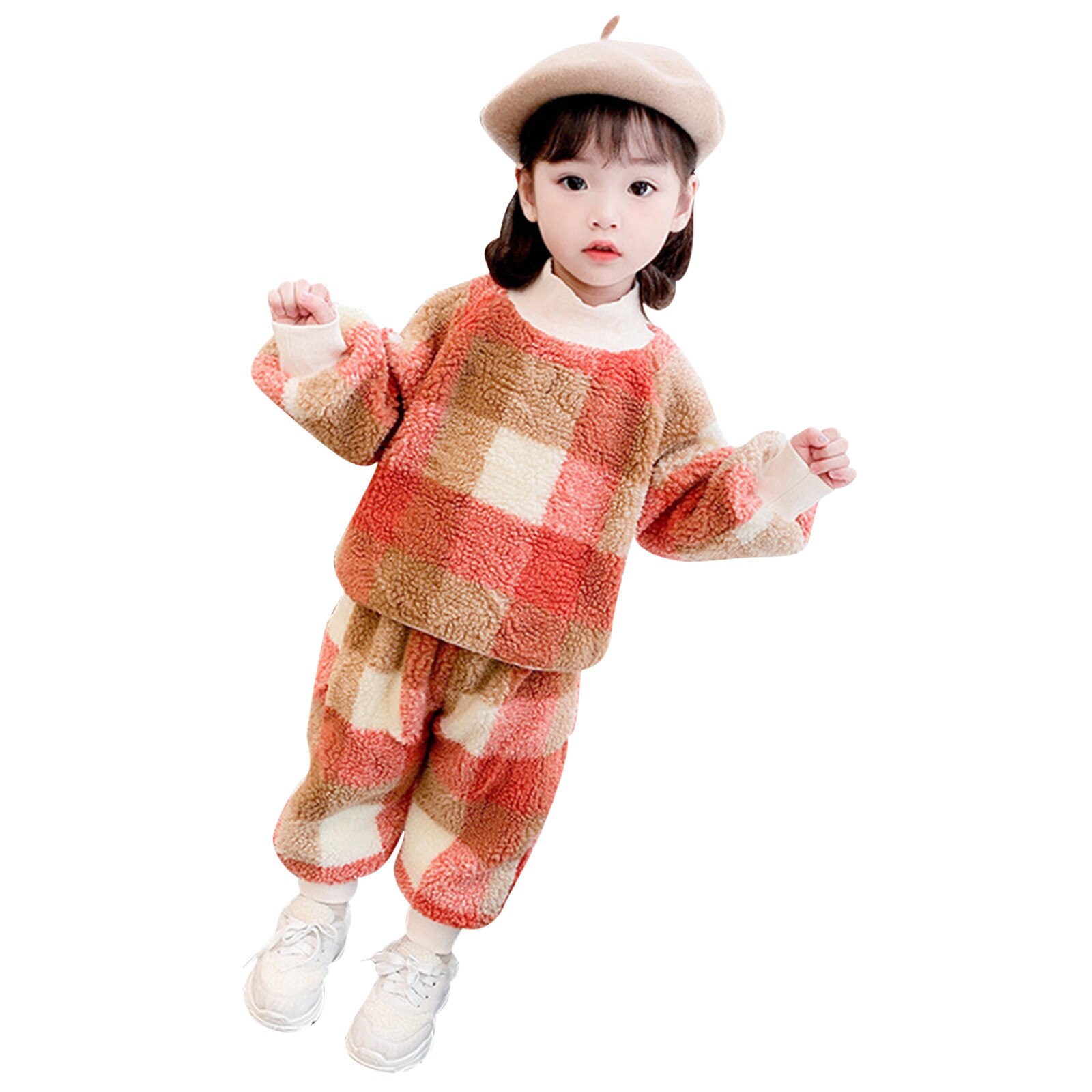 Meisjes Winter Pakken, Peuter Kinderen, Baby Jongens En Meisjes, plaid Winter Warme Jas + Broek Pak Footies Kleding Voor Meisjes: Oranje / 4-5Y