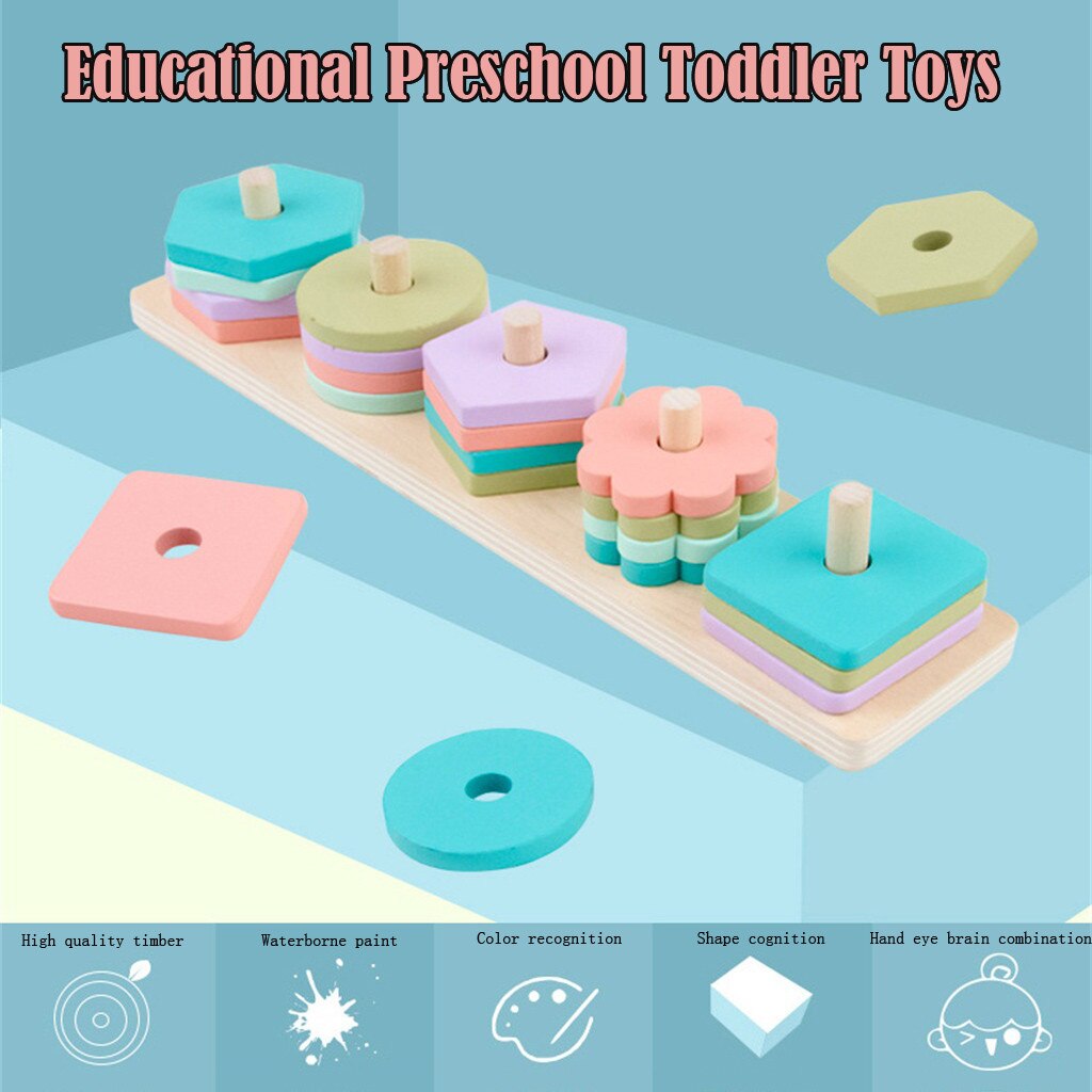 Wooden Educational Preschool Toddler Toys for Boys Shape Color Recognition Geometric Board Blocks Stack Sort Kids Non-Toxic Toy