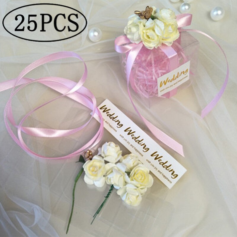 25pcs PVC Candy Box Birthday Party Event baby shower Decor Wedding Favor Party Supply bridesmaid Bag Box with Ribbon Flower: Pink with flower