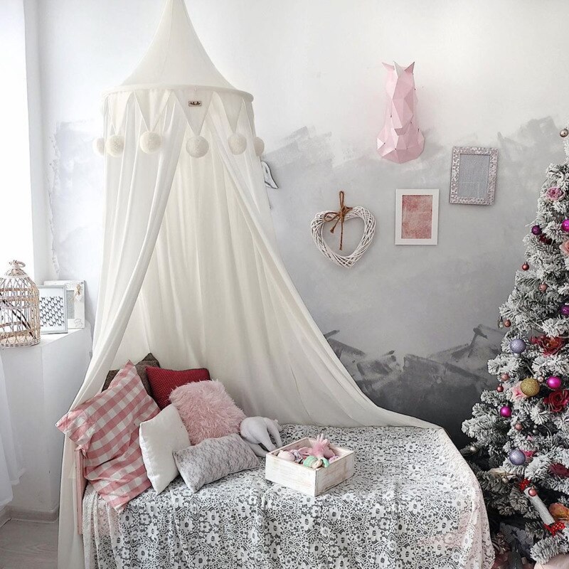 Mosquitera hecha a mano para decoración de dormitorio de niños, cortinas toldo para camas, cúpula colgante redonda con borlas de pompón