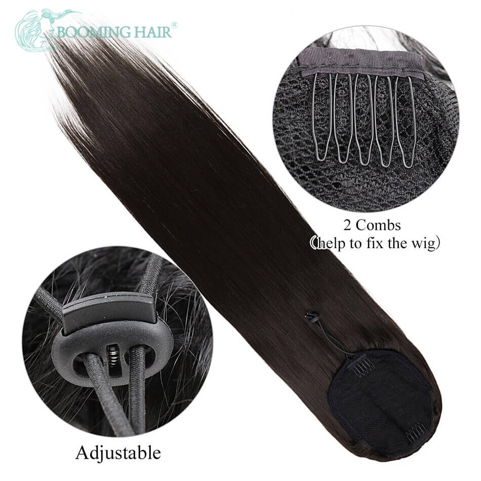 Straight Wrap Around Drawstring Ponytail With Two Plastic Combs Pony Tail Extensions For Women By BOOMING HAIR