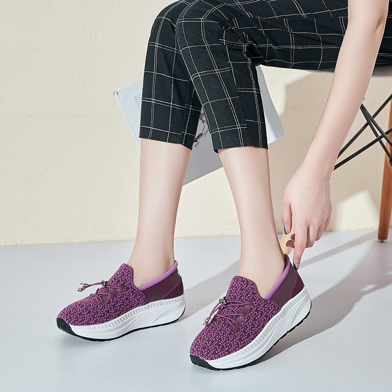 Lente Vrouwen Wedge Sneaker Afslanken Toning Schoenen Minika Dikke Bodem Trekkoord Vrouwen Fitness Schoenen Slip Op Wandelschoenen Paars: Purple / 7.5