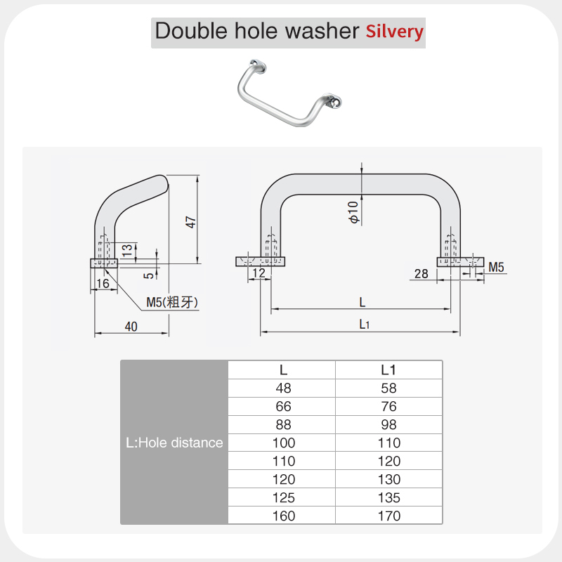 Handle Aluminum Alloy Profiles Bending Type With Double Single Hole Gasket For Industrial Chassis Cabinet Door Distribution Box: 185mm / Silver