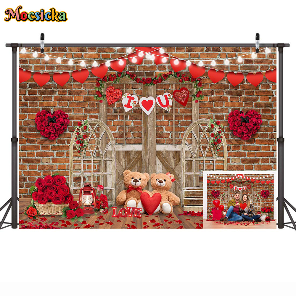 Rustic Brick Wall Backdrop Wooden Door Frame Romantic Wedding Props Red Roses Decor Party Glowing Light Strip Photography Studio: 1500*2000
