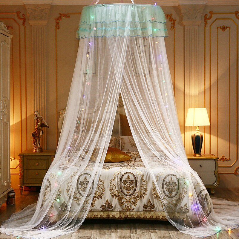 Ceiling-Mounted Mosquito Net Home Dome Foldable Bed Canopy Princess Tent Bed Curtain Twin Full Queen: white / without light