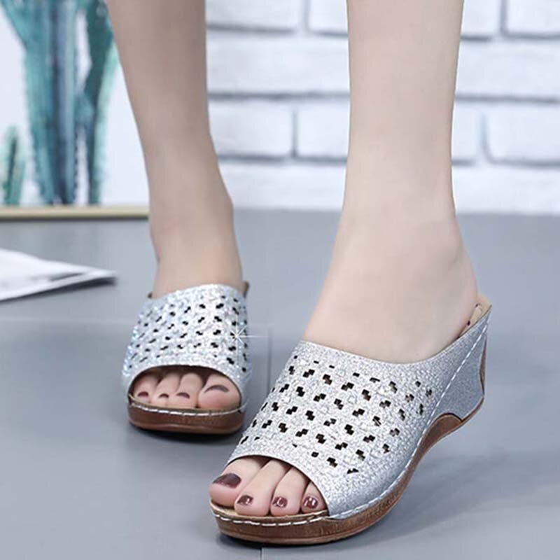 Zomer Vrouwen Wedge Sandalen Premium Bling Bling Open Teen Sandalen Vintage Anti-Slip Lederen Casual Vrouwelijke Platform Schoenen