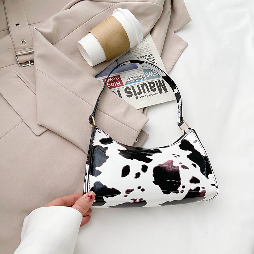 Women Cow Print Small Shoulder Bags Soft Pu Leather Underarm Bag Female Travel Handbag And Purses bolsa feminina: 		White