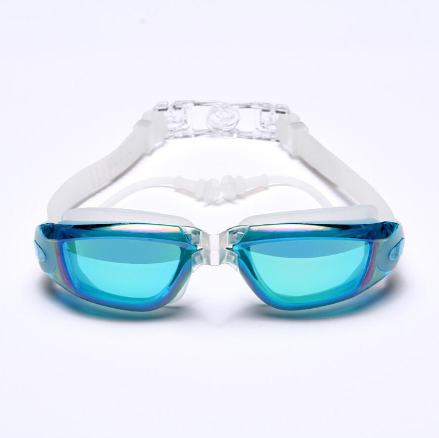 Zwembril voor heren en dames met oordopjes, waterdicht, anti-condens, uv-bescherming, zwembad, watersportbrillen, onderwaterbrillen: Hemelsblauw