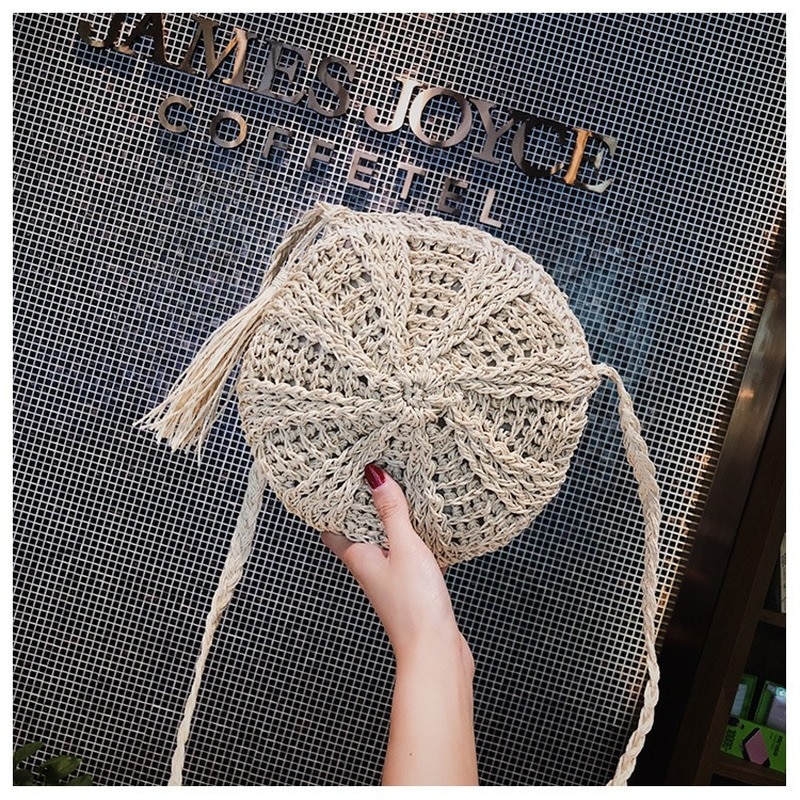 Women Cross Body Bag Round Circular Rattan Wicker Straw Woven Beach Basket Shoulder Bag