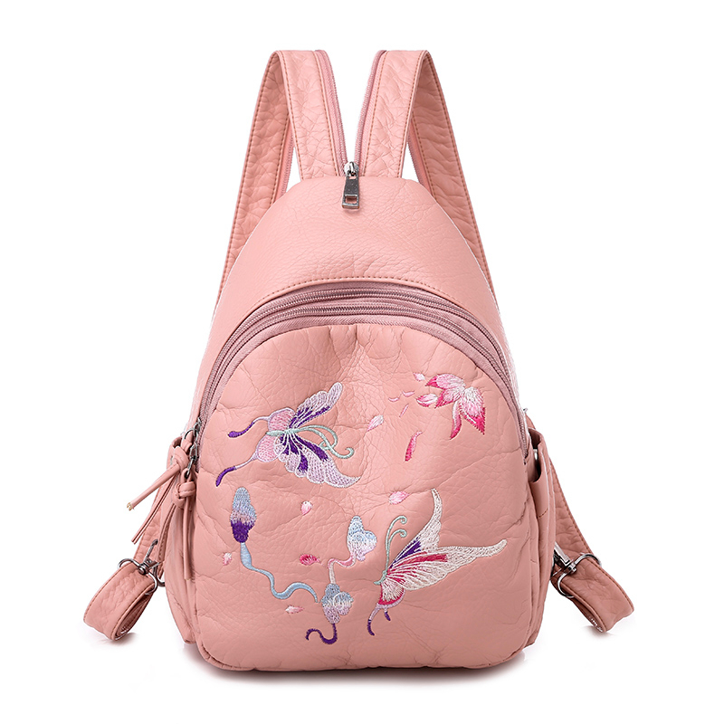 mochilas de cuero bordadas para mujeres adolescentes Sac A Dos mochila de viaje para mujeres Mochila De cuero suave para mujeres: pink style 2