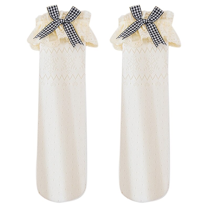 Calzini traspiranti in pizzo Lolita per bambini calzini per bambini Bowknot calzini a tubo centrale primavera estate autunno calza calda ginocchio alto: Milky