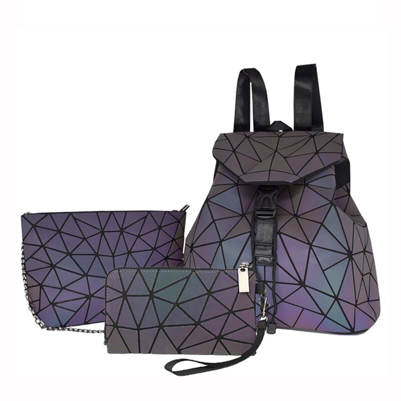 Couple Luminous Folding Set Backpack Chain Bag And Colorful Clutch Bag Rhombus College Style Personality Backpack Women