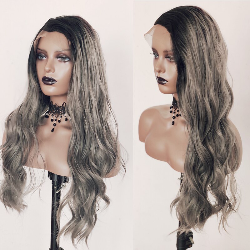 Grey Synthetic lace front wig black root to dark gray long straight wave wigs for women ombre colored Heat Resistant Wig 24 inch