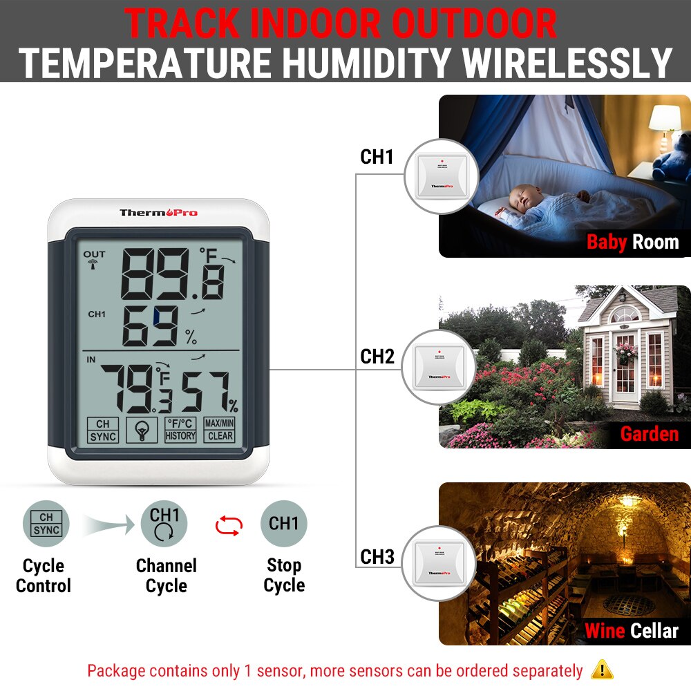 Thermopro  tp65s digital 60m trådløs hygrometer indendørs udendørs termometer temperatur- og fugtighedsmonitor med berøringsskærm