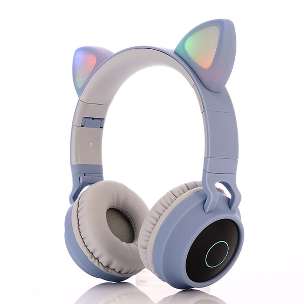 Auriculares inalámbricos con luz LED para teléfono móvil, audífonos con Bluetooth 5,0, auriculares de música estéreo para chica e hija, PC, Oreja de Gato: Sky Blue (no box)