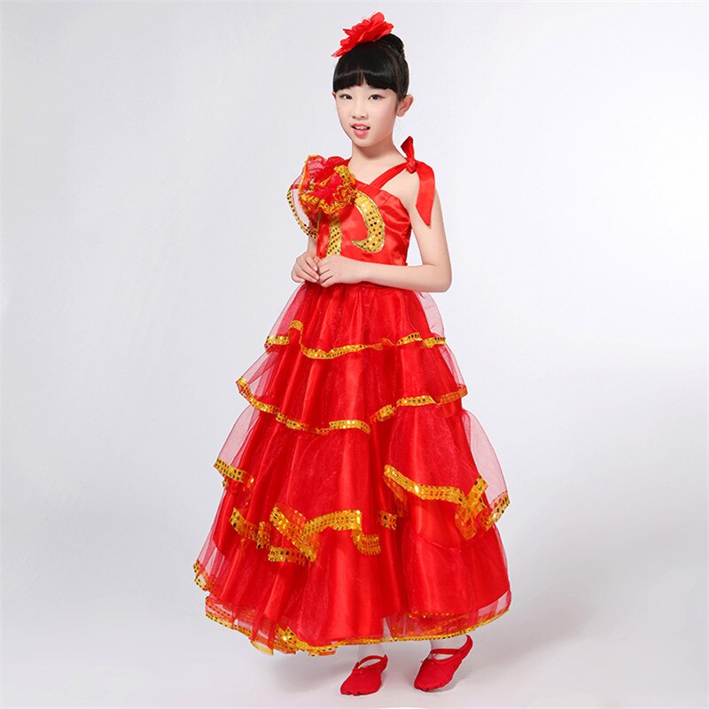 Kinder Flamenco Rot Lange Rock Spanisch Senorita Flamenco Tänzerin Phantasie Kleid Kostüm Spanisch Flamengo Tanz Kleider Für Mädchen DN3040