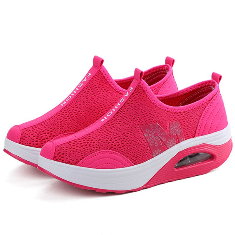 Air Cushion Wedge Sneakers Women Thick Bottom Summer Swing Shoes Breathable Rocking Shoes Soft Height Increasing Jumping Shoes: rose size 35-40 / 6