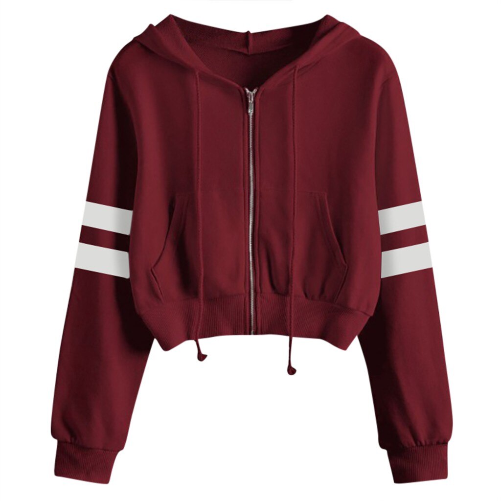 Dames casual effen kleur lange mouwen hoodie sweatshirt met capuchon gestreepte lange mouwen sudadera mujer de moda: Wijn / M