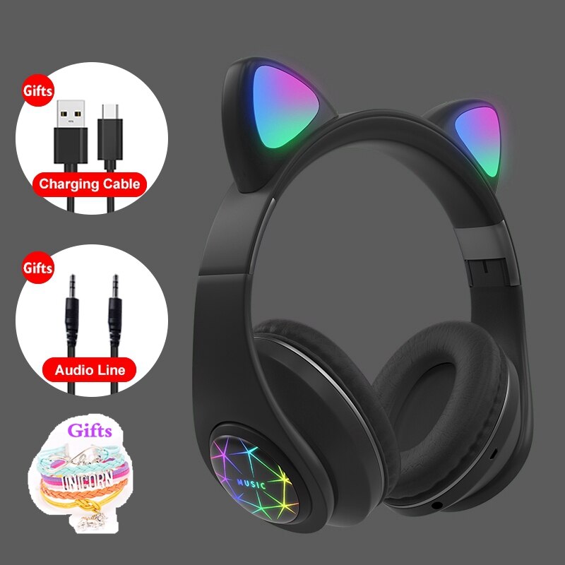 RGB Cat Ear Headphones Bluetooth 5.0 Noise Cancelling Adults Kids girl Headset Support TF Card FM Radio With Mic bracelet: black