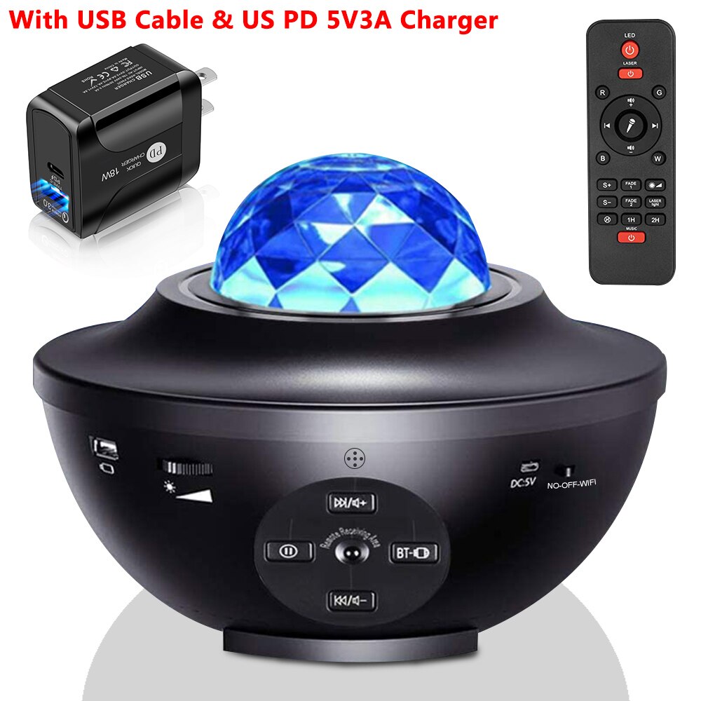 Usb Led Star Night Light Music Starry Water Wave Sound-Activated Led Projector Licht Bluetooth Projector Galaxy Projector Licht: USB with US Adapter