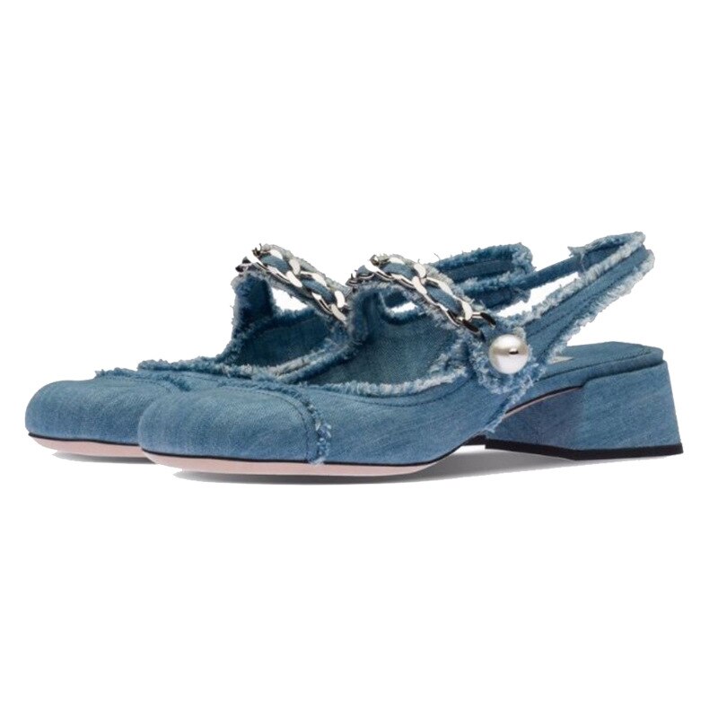 blue denim cloth sandals metal chains summer shoes woman square toe med-high heels jeans sandalias mujer 2022 mary janes shoes