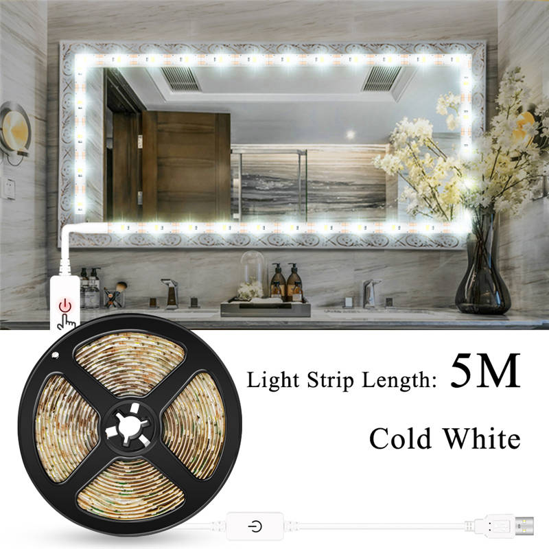 CanLing Vanity Mirror Light USB 5V Touch Switch Dimmable Makeup Mirror Wall Lamp Decor Bathroom Dressing Table Beauty Light Bulb: Cold White 5m