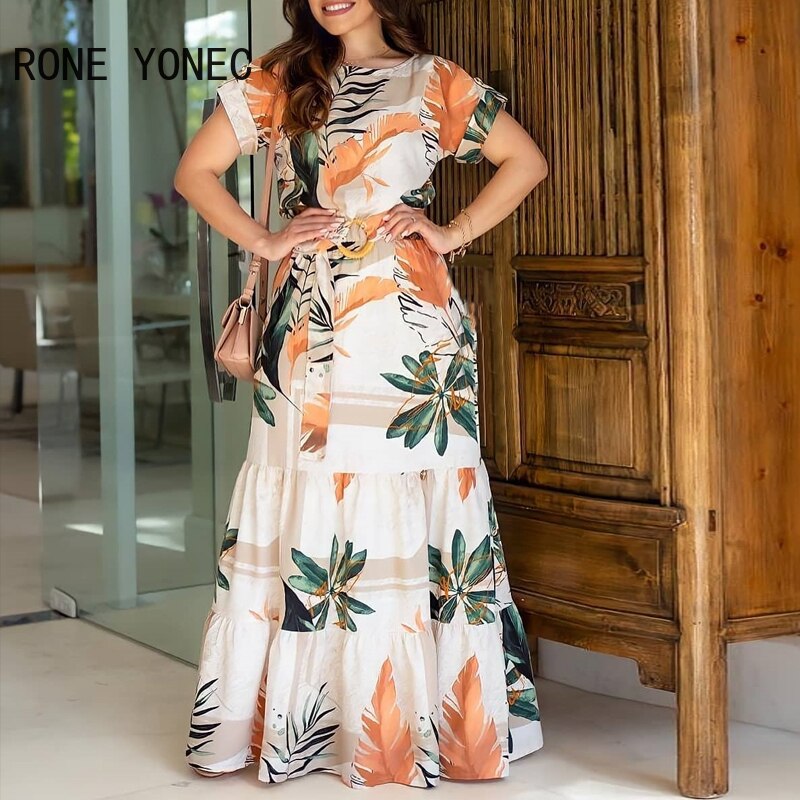 Women Tropical Print Short Sleeve Maxi Dress Casual Dress Vacation Dress: XL