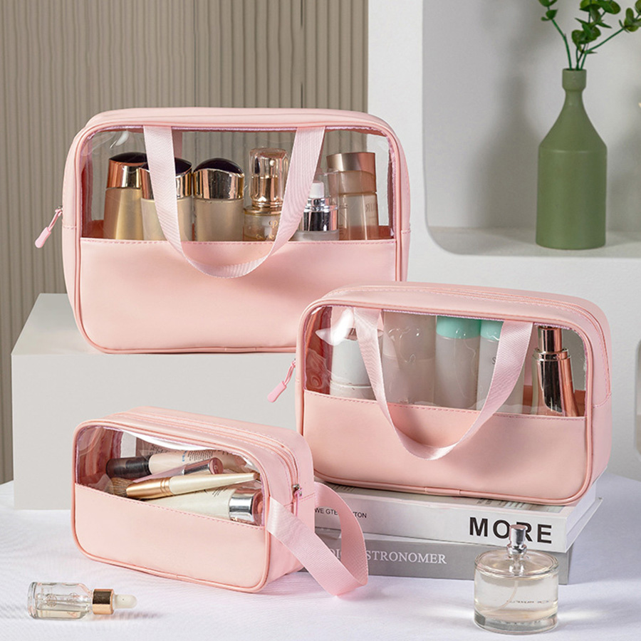 Travel Toiletry Bag for Women and Men, Matte Translucent Toiletry Bag with Handy Handle, Makeup Cosmetic Organizer Bag for Trave: L / Pink