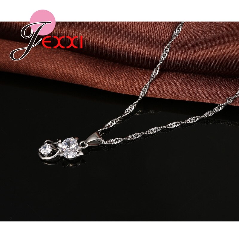 925 Sterling Silver Cubic Zirconia Wedding Jewelry Sets AAA CZ Crystal Cute Animal Cat Necklace Earrings Women Collar