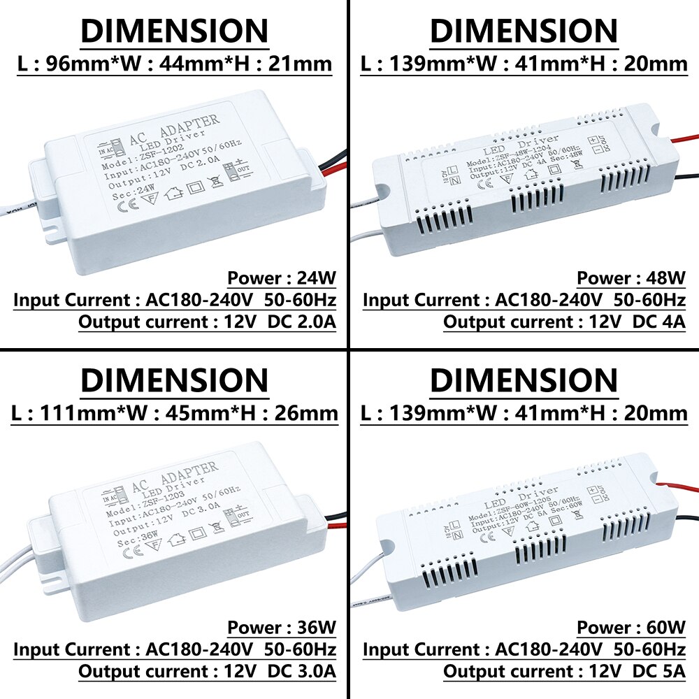 6W 12W 24W 36W 48W 60W LED Lighting Transformers AC220V TO DC12V LED Driver Power Supply 12V For LED Strip Lights 5A adapter