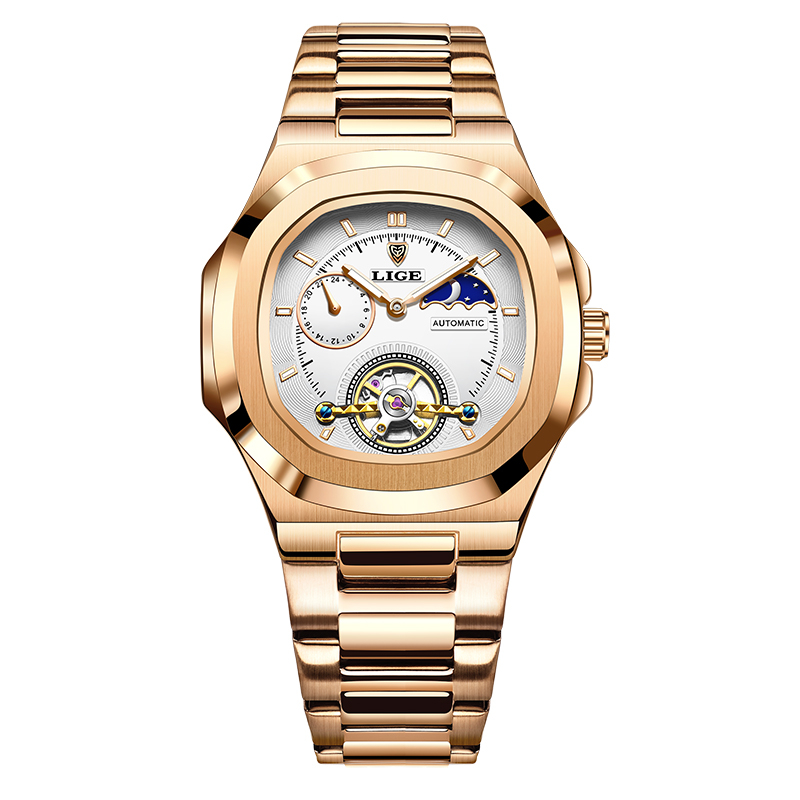 Reloj LIGE Tourbillon de doble segundo, reloj mecánico de 24 horas, reloj auténtico de acero inoxidable para hombre, reloj resistente al agua con brillo nocturno para hombre: Oro