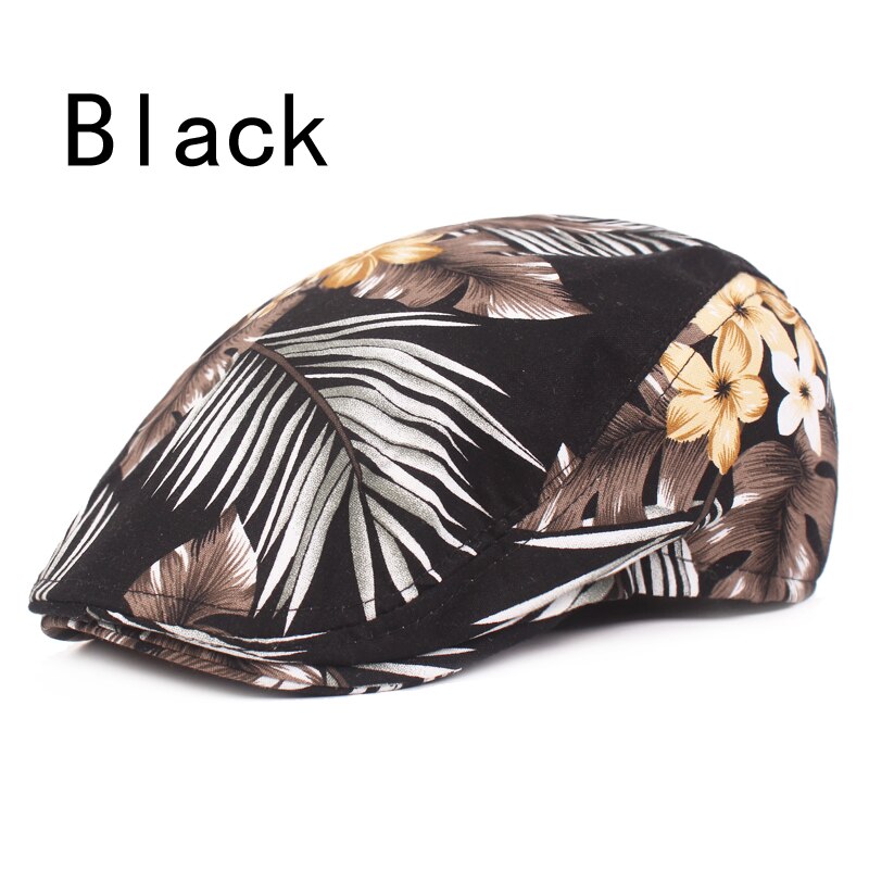 Boina de algodón con estampado Floral para hombre y mujer, gorro plano ajustable, informal, para primavera y verano, novedad: Negro