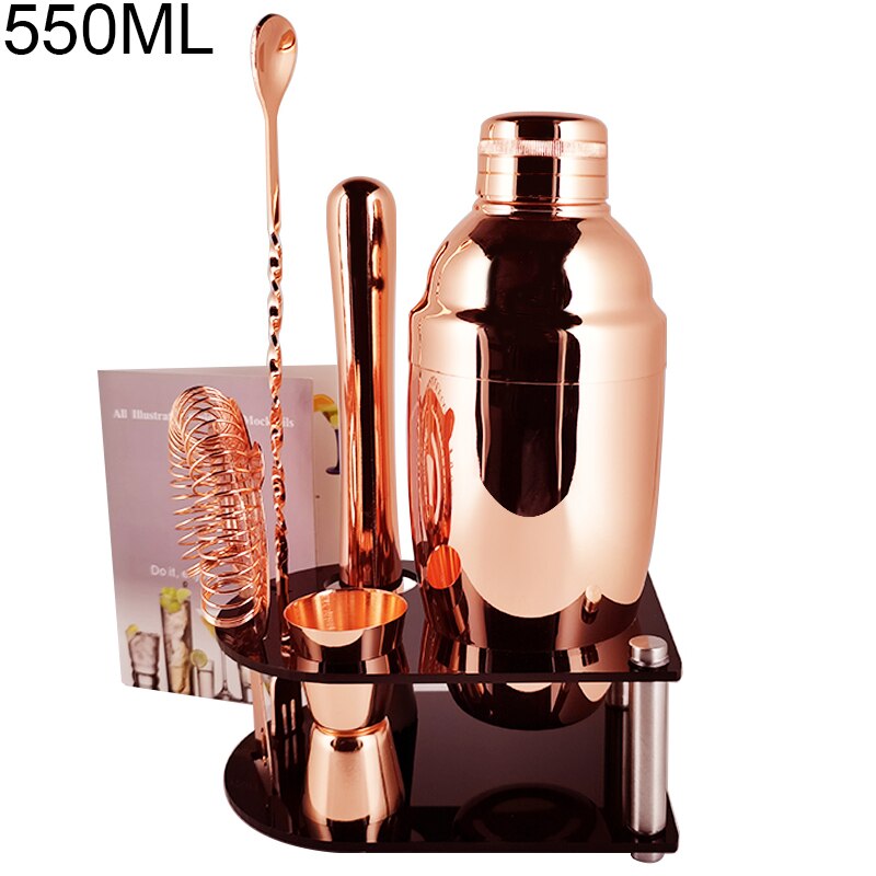 Stainless Steel Cocktail Shaker Set 550/750ml With 15/30ml Measuring Cup Jigger Kit Wine Spoon Strainer Muddler Bar Tools: 7P RG 550ML Stand