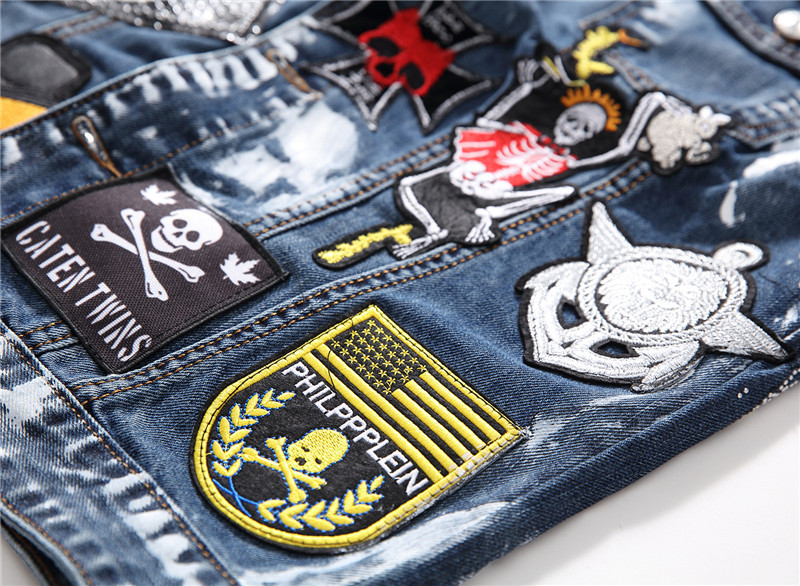 Punk Style Mens Kralen Patchwork Slim Fit Mouwloze Jassen Casual Schedel Borduurwerk Jeans Vesten Casual Print Vest J3010
