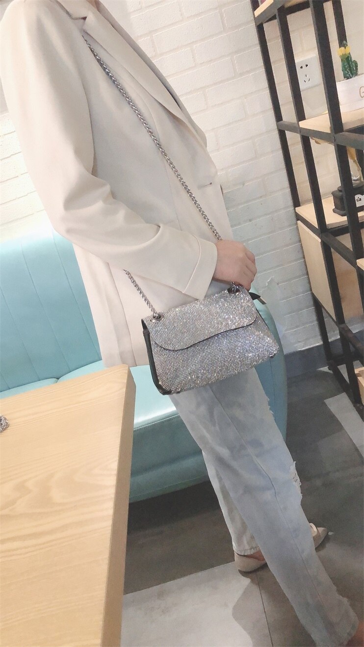Bolso de mano con diamantes de imitación para mujer, superllamativas, cadena de Plata a la , bolso de hombro tipo bandolera,