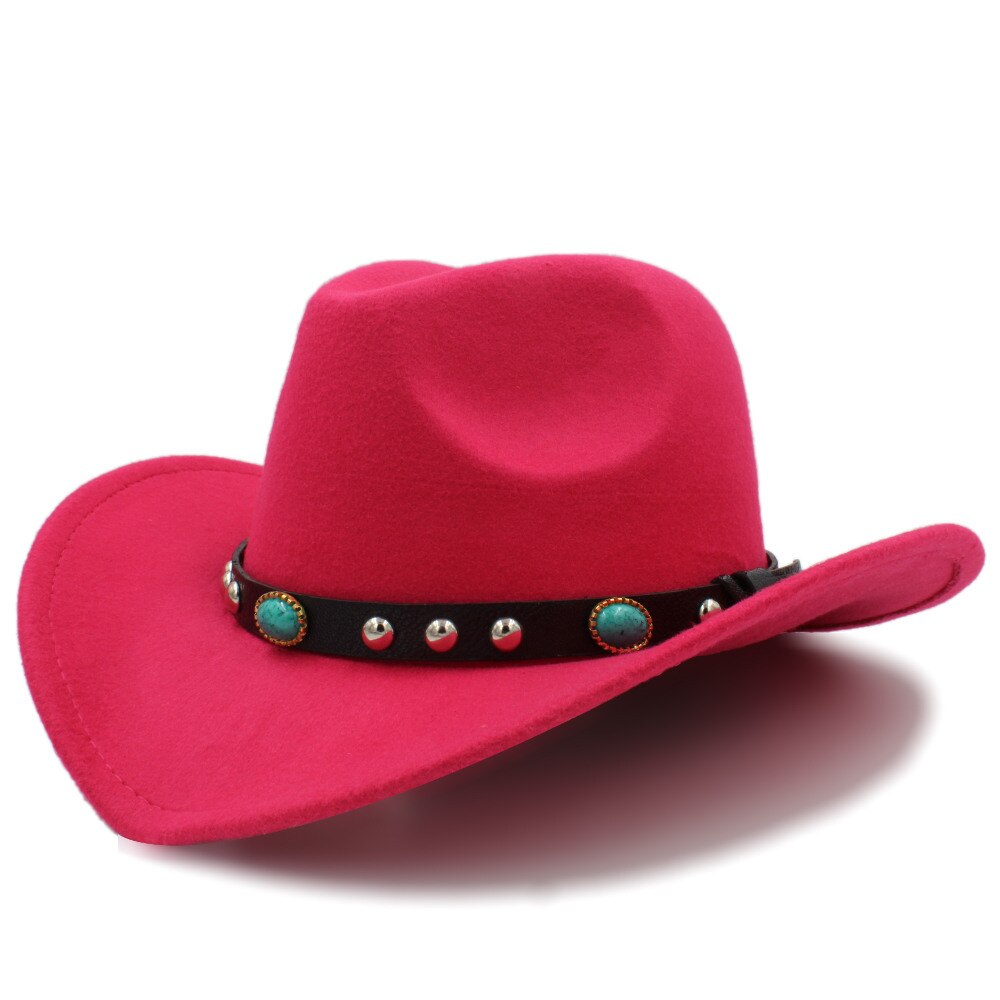 Kvinder uld hule vestlige cowboy hat roll-up bred skygge dame jazz sombrero hombre cowgirl kasket med punk bælte størrelse 56-58cm: Rosenrød