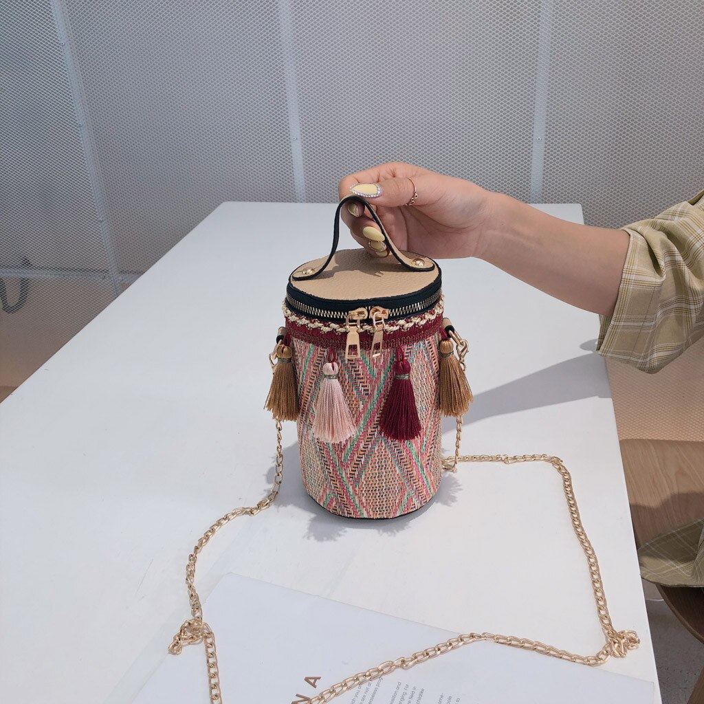 Herbst Neue Handtasche Stroh tasche Frauen tasche Runde Tote tasche Hand Metall Ring Quaste Kette Schulter Reise tasche