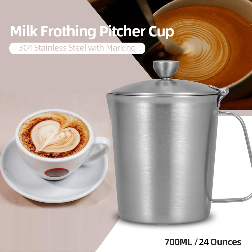 BESTonZON Melkkannetje, roestvrij staal, slagroompannetje met deksel, 350 ml, opschuimen, melk, koffie, mokka, cappuccino, latte, kunst, mok, melkopschuimer, beker, café, thuis, restaurant, keuken